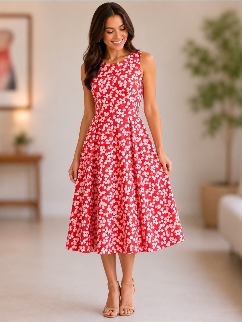 AGB Red and White Floral Sleeveless Midi Dress